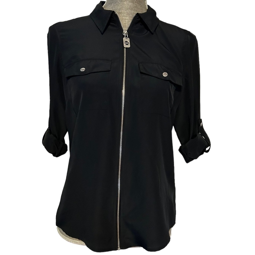 Michael Kors Black and Silver Women’s Collared Blouse